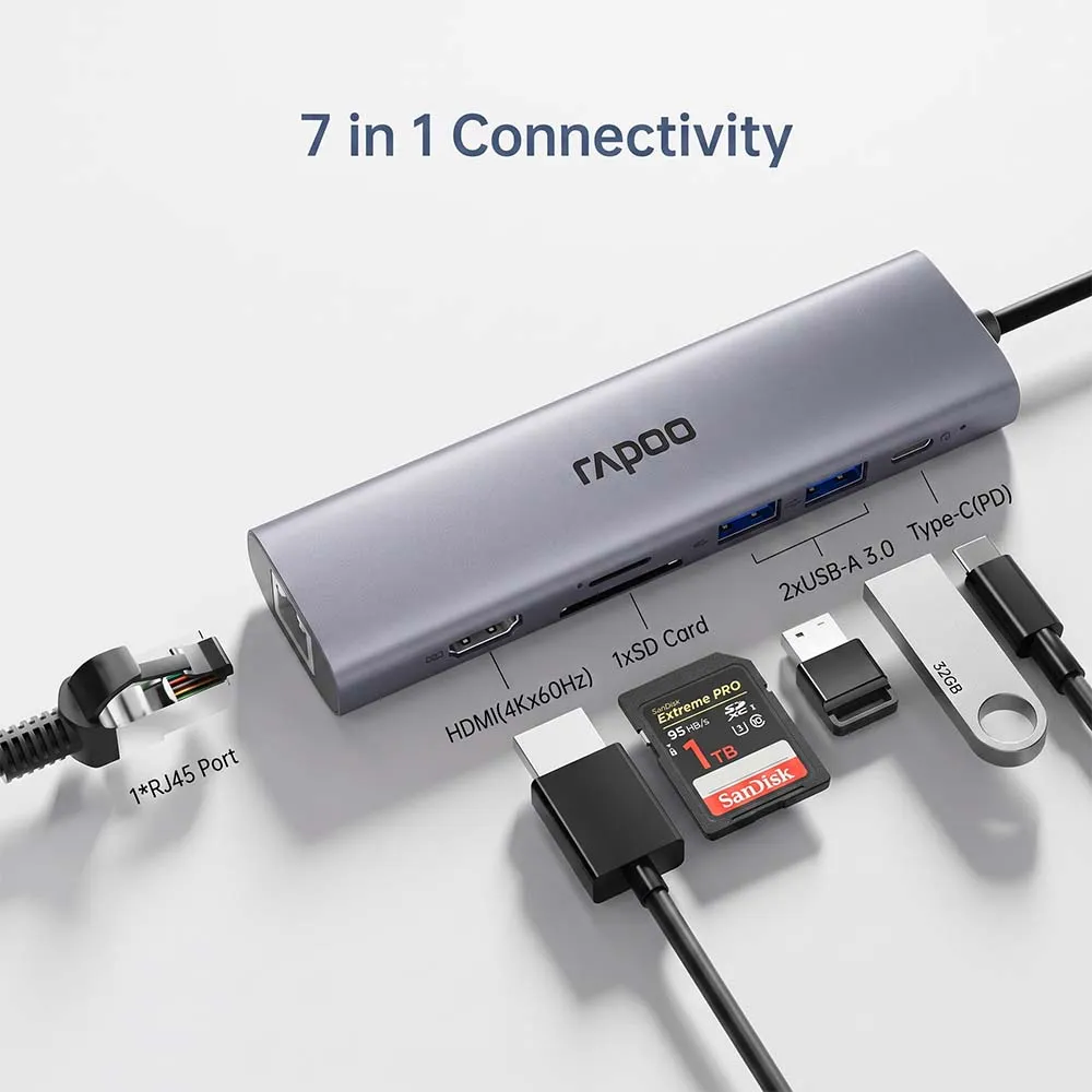 Rapoo XD71 USB-C 7 in 1 Multifunction Docking Station Silver Grey.webp