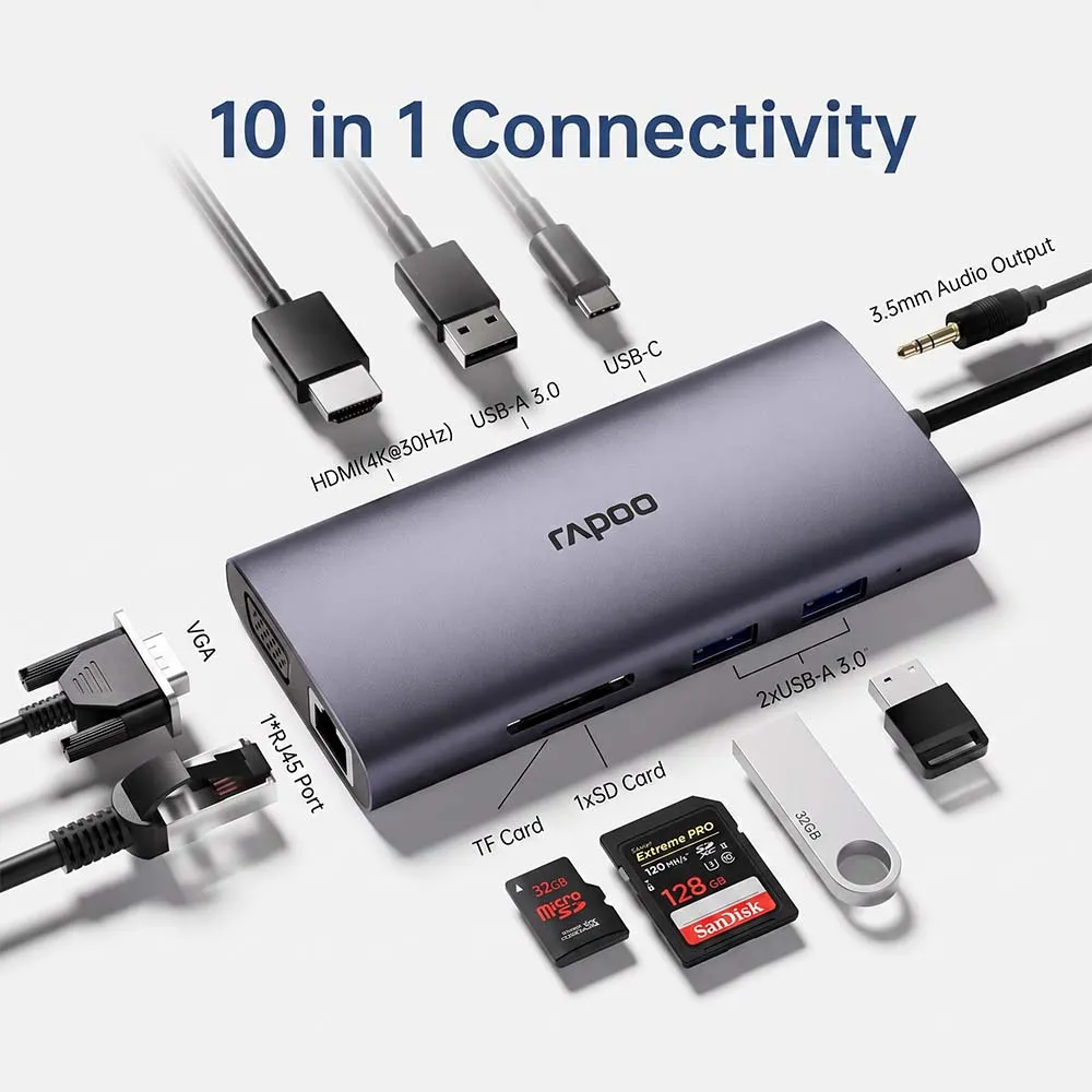 Rapoo XD101 USB-C 10 in 1 Multifunction Docking Station Silver Grey.webp