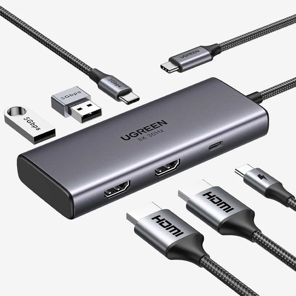 UGREEN 15852 Revodok 206 6 in 1 USB-C Hub 2xHDMI 4K60Hz 2xUSB-A 3.0 1xUSB-C 3.0 PD 8K.webp