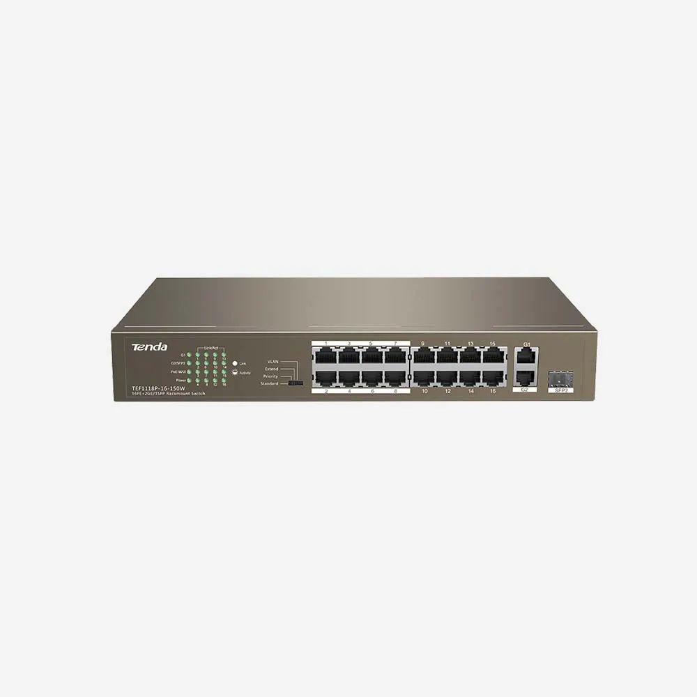 [TEF1118P-16-150W] TENDA TEF1118P-16-150W Unmanaged Fast Ethernet PoE Switches (1000 Mbps)