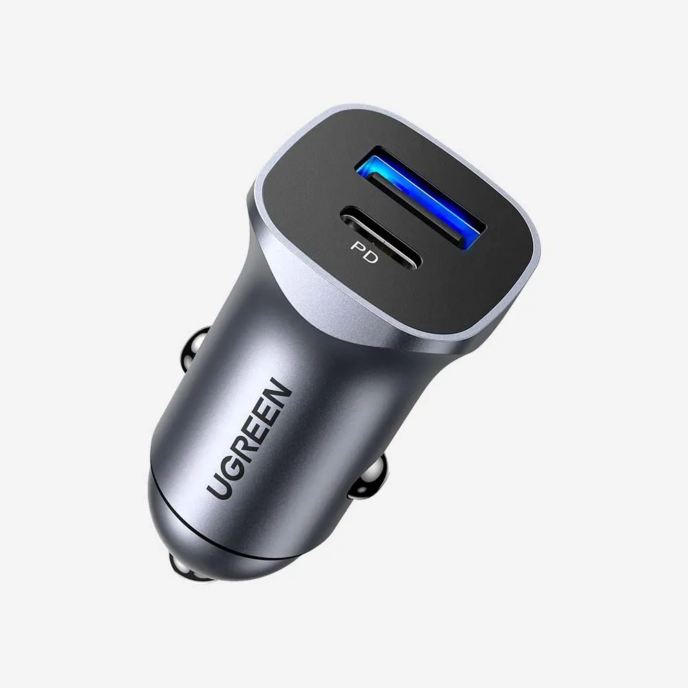 UGREEN CD130 30W Car Charger – Dual Port USB-A + USB-C PD, Gray (40858)