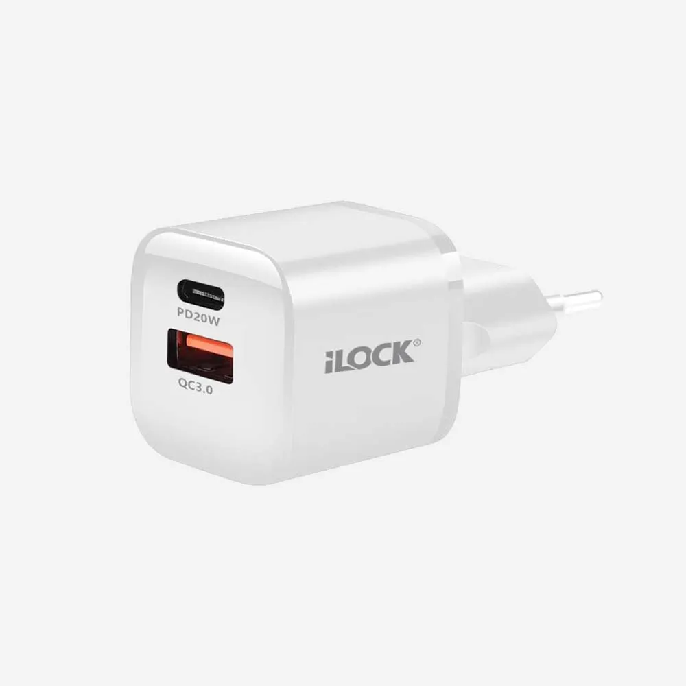 [5093] iLOCK Wall Fast Charger 20W Dual Port USB-A USB-C QC3.0