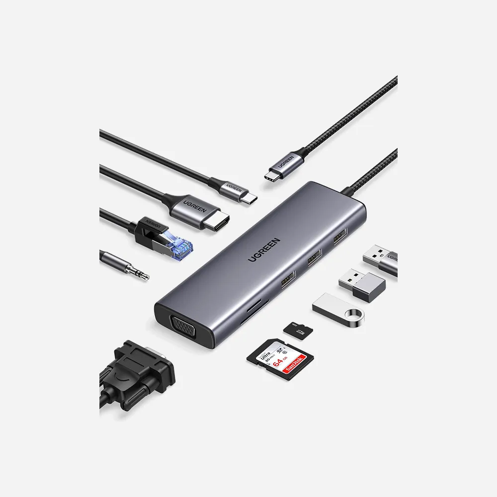 UGREEN 15601 USB-C to 3xUSB3 A+HDMI+VGA+RJ45 Gigabit+SD/TF+AUX+PD-10 in 1