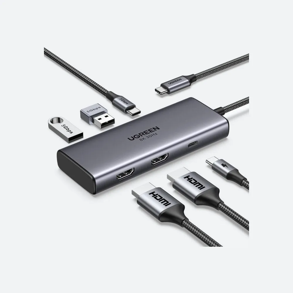 UGREEN 15852 Revodok 206 6 in 1 USB-C Hub 2xHDMI 4K60Hz 2xUSB-A 3.0 1xUSB-C 3.0 PD 8K
