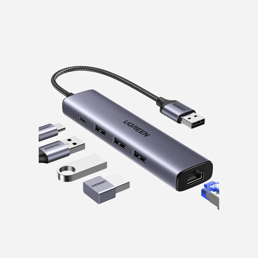 UGREEN 60554 USB 3.0 to 3xUSB 3.0 Ethernet Adapter Type C PWR Supply