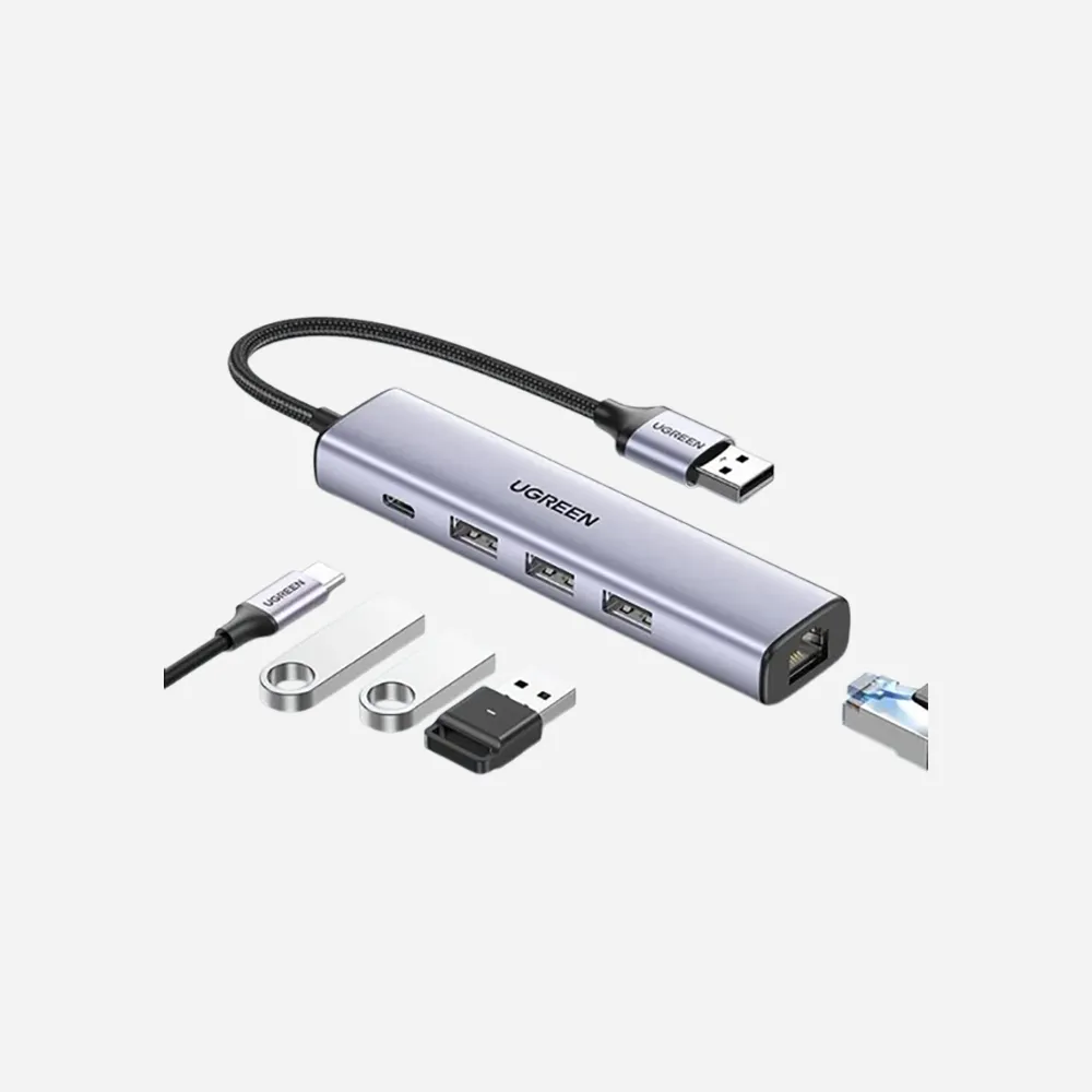 UGREEN 60554 USB 3.0 to 3xUSB 3.0 Ethernet Adapter Type C PWR Supply