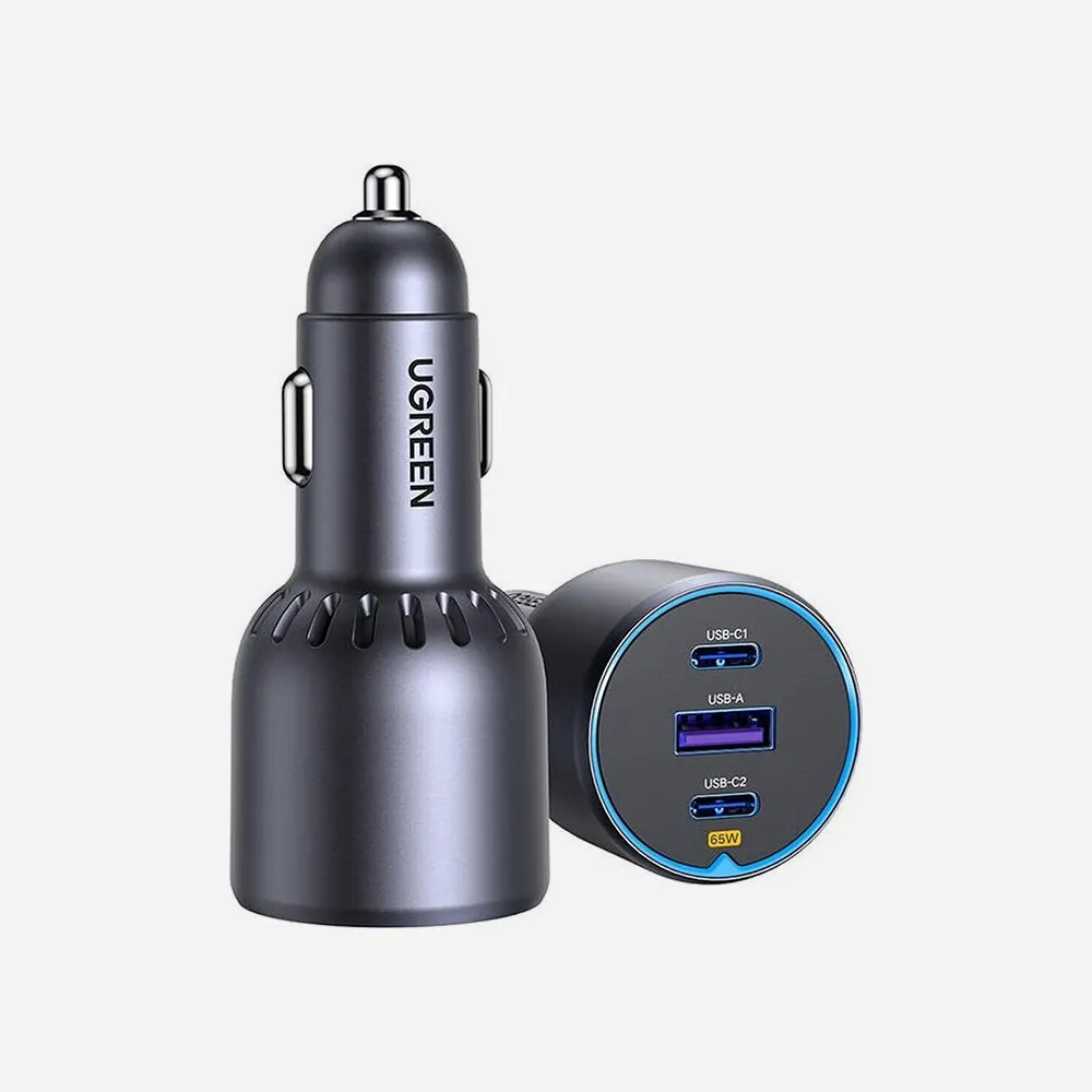 UGREEN 35024 75W Car Charger – 2-Port USB-C & 1-Port USB-A Fast Charging Adapter (Gray)
