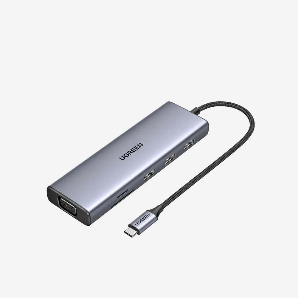 [15600] UGREEN Hub-9 in1-Type C TO 3*USB-3 +VGA+rj45 +HDMI 4K+PD 100W+SD/TF (15600)